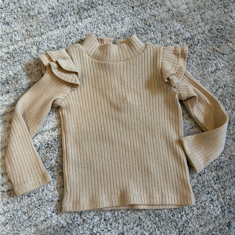 Janie & Jack Long Sleeve Gold Ribbed Turtle Neck with Ruffle Detail